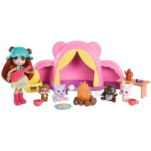 Enchantimals Pop en Accessoires, Tent en Kampeerknuffels, speelset, pop en haar beste dierenvriendje, slaapzak, kampvuur en meer, cadeaus voor kinderen, HTW71