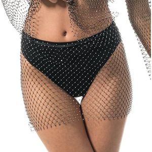 Chaks – Glitter mesh outfit dames zwart, met strass versierde transparante look als cover-up voor festivals, strand en feestjes