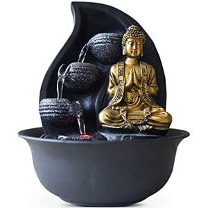 Brunnen Boeddha Praya - kamerfontein Boeddha afneembaar - decoratie Zen Exotic geschenken - tafelfontein LED licht - gesloten circuit - bruin en goud - H 26 cm - Zen'Light