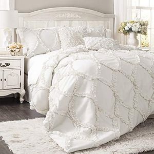 Lush Decor Avon Dekbedset, 3-delige set, kingsize, wit, boerderij beddengoedset, wit dekbed - elegant beddengoed met ruches - zacht dekbed met textuur - landelijke cottage en boerderij,