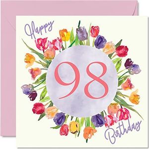 Mooie 98e verjaardagskaarten voor vrouwen - aquarel tulpen bloemen boeket - gelukkige verjaardagskaart voor haar overoma oppas Gran verjaardagscadeaus, 145 mm x 145 mm mooie bloemen wenskaarten cadeau