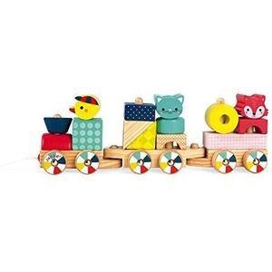 Janod - Baby Forest Wooden Train - Pull-along toy - 17 Blocks Included - Learning Shapes and Colours - Developing Fine Motor Skills - From 1 Year Old, J08022