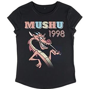 Disney Dames Mulan-90s Mushu Organic Roll Sleeve T-Shirt, Zwart, S, zwart, S