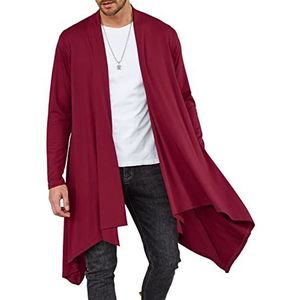 COOFANDY Lange vest voor heren, ruches, sjaalkraag, lichtgewicht, open voorkant, cape, overjas met zakken, Rood-lang, M