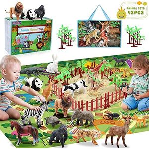 Fivejoy Animali Fattoria voor Bambini, 42 Pezzi Animali Giocattolo Bambini, Figure Animali Fattoria Realistici Con Tappetino da Gioco e Tigre Elefante Leone e Giraffa, Giochi Bambini 3 4 5 Anni