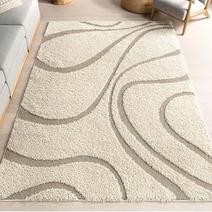 nuLOOM Carolyn Modern vloerkleed, hoogpolig, tapijtloper, voor woonkamer, slaapkamer, eetkamer, kinderkamer, hal, gang, 0,6 x 3,65 m, crème/blauw