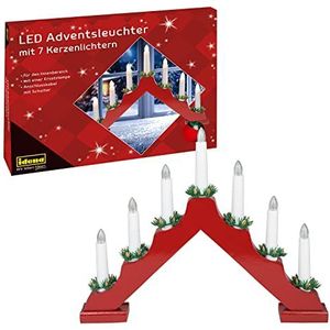 Idena 31604 - LED adventskandelaar van rood gelakt hout met 7 warmwitte LED kaarslampjes, kaarsenboog met reservelampje en schakelaar, kerstdecoratie voor binnenshuis