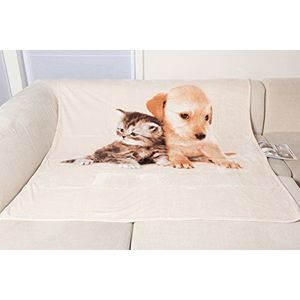 Comptoir du Linge Deken van microvezel, groot, luxueus, bedrukt, honden & katten, 150 x 200 cm, 100% polyester, ecru, 150 x 200 cm