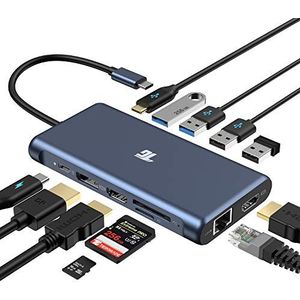 Tiergrade USB C-hub, USB-C-adapter, 12-in-1 adapter voor drie schermen met dubbele 4K HDMI, DisplayPort, 100 W PD 3.0, RJ45 Ethernet, USB-A USB-C-poorten, TF/SD-kaartlezer voor MacBook en type
