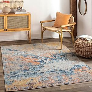 Surya Marmer tapijt voor binnen en buiten, duurzame vloerkleden voor woonkamer, keuken, tuin, terras, modern abstract tapijt, UV-weer- en vlekbestendig - Tichia Large 200 x 275 cm, oranje en blauw