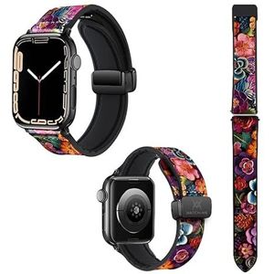 Horlogeband voor Apple Iwatch 18 mm (38/40/41/42/44/45 mm) gemaakt van siliconen en echt leer: kleurrijke bloemen