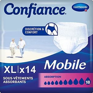 Confiance Mobiel, absorberende slip voor mannen en vrouwen, absorptieniveau = 10 druppels (belangrijke urineweg), discreet en effectief, pH-huidneutraal, maat XL, 14 stuks