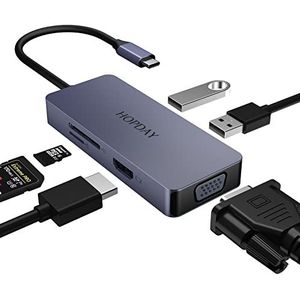 USB C Hub 6-in-1 USB C naar HDMI Dual Monitor USB C Adapter met 4K HDMI, VGA, USB A, SD/TF-kaartlezer voor MacBook Pro/Air, Dell, HP, Surface