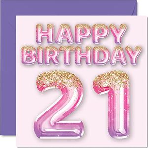 21e verjaardagskaart voor vrouwen - roze en paarse glitterballonnen - gelukkige verjaardagskaarten voor 21-jarige vrouw dochter zus tante neef, 145 mm x 145 mm eenentwintigste verjaardag wenskaarten