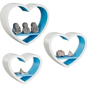 Relaxdays Wandplank hart set van 3, romantische hartvormige decoratieve planken, zwevende wandplank tot 6 kg belastbaar, wit-blauw