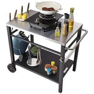 VEVOR Serveerwagen, keukentrolley, 100 x 64 x 83,5 cm, outdoor barbecue met dubbele plank, beweegbare grilltafel voor het bereiden van gerechten, multifunctioneel tafelblad van roestvrij staal