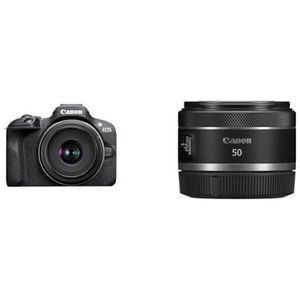 Canon EOS R100 + RF-S 18-45mm F4.5-6.3 IS STM (24.1MP APS-C Mirrorless Camera, Dual Pixel CMOS AF, 4K Video, Wi-Fi & Bluetooth) & Canon RF 50 mm Lens met F1.8 STM voor EOS R, zwart