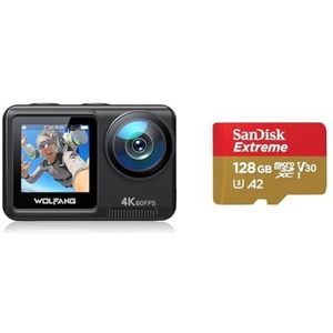 Actie Camera WOLFANG GA420 4K 60FPS 24MP WiFi onderwatercamera, 2x1350mAh batterijen & SanDisk Extreme MicroSDXC UHS-I 128 GB Met SD Adapter (1 Jaar RescuePRO Deluxe, 30 Jaar Garantie) Rood/Goud
