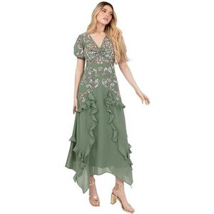 Maya Deluxe Midaxi-jurk voor dames, korte pofmouwen, V-hals, pailletten, versierd met ruches, chiffon, zakdoek, A-lijn, bruiloftsgast, Diep Mint Groen, 44