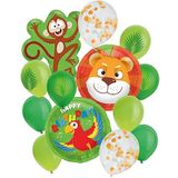 Folat 63624 Ballonnen set jungle safari dieren groen latex en folie helium ballonnen 13 stuks inclusief ballonband jungle leeuw aap decoratie voor kinderen, verjaardag, themafeest, meerkleurig