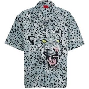 HUGO Heren Egeeno oversized shirt met korte mouwen in dierenprint katoen, Grijs, M