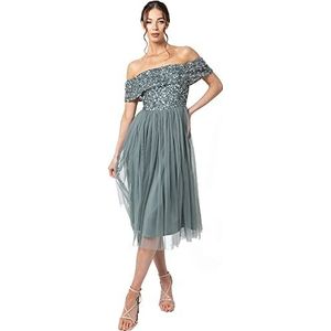 Maya Deluxe Dames Bardot Versierde Midi Jurk Bruidsmeisje, Misty Green, 16