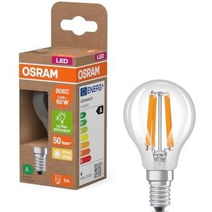 OSRAM Energy Class LED-lamp in klassieke minibolvorm, 3,8 W / 806 lm, EEK A, warm wit licht (2700 K), CRI 80, gemaakt van helder gekleurd loodvrij glas, E14 fitting, IP20, 45 mm DM, 6-pack