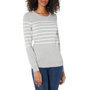 Amazon Essentials vrouwen lichtgewicht ronde hals trui,Grijs (lichtgrijze Heather/wit geplaatste streep),XS