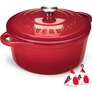 Overmont Stoofpan, gietijzeren pan, 26 cm, emaille braadpan met deksel, geschikt voor de oven, met kookboek, voor keuken, bakken, stoven, braden, rood