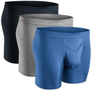 Real Men 7in Modal Boxer Briefs V-Fly B Pouch Sm 3pk Blu/HthrGry/SltGry Testicular Support Underwear Mens Athletic Supporter Underwear Top Fly Boxer Briefs For Men