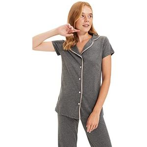 Trendyol Dames effen biezen gedetailleerde middelste gebreide shirt-broek pyjama set, Antraciet, XL