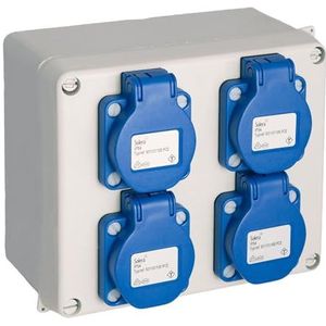 Waterdichte box gemonteerd 165 x 135 x 70 mm met 4 schuko-planken 2P+T, 16A, 250V~, IP54 gecertificeerd. Perfect voor het beveiligen van elektrische buitenaansluitingen om veiligheid en duurzaamheid