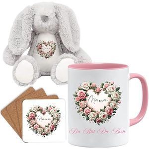Moederdag-cadeauset: liefdevolle mama-design teddybeer, mok & onderzetter - hart van bloemen met 'Mama' opschrift