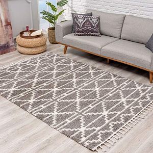 carpet city Tapijt hoogpolig woonkamer - Ethno Skandi stijl 80x200 cm grijs crème - tapijt loper met franjes
