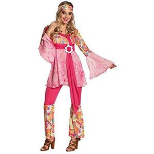 Boland - Volwassen hippie dame kostuum, haarband, top met riem en uitlopende broek, kostuum set, carnaval, themafeest