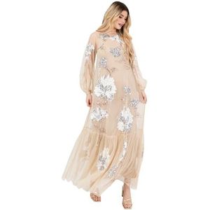 Maya Deluxe Dames Dames Dames Lange Mouwen Boat Neck Sheer Tulle Bloemen Sequin Versierd Trapeze Avond Prom Ball Gown Jurk, champagne, 34
