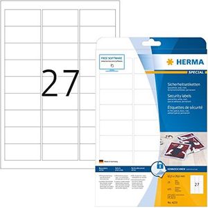 HERMA 4233 veiligheid etiketten tegen manipulatie A4, set van 32 (63,5 x 29,6 mm, 800 velles, speciale folie) zelfklevend, bedrukbaar, permanente klevende stickers, 21.600 etiketten voor printer, wit