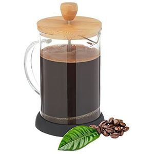 Relaxdays cafetière, handmatige koffiezetter, 800 ml, glas, bamboe deksel, koffiemaker met filter, transparant/natuur