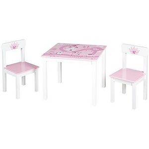 Roba Kinderzitgroep 'Krone', kindermeubelset van 2 kinderstoelen & 1 tafel, zitset met prinsessen/slot/eenhoornprint in roze