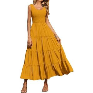 PRETTYGARDEN Women's 2025 Summer Bohemian Sleeveless Smocked Ruffle Tiered Beach Maxi Sun Dress Casual Tank Long Dresses (Turmeric,Medium)
