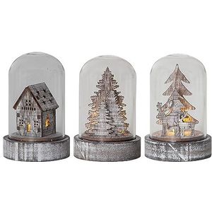 EGLO LED kerstdecoratie, set van 3 decoratieve glazen klokken, winterlandschap werkt op batterijen met licht, tafeldecoratie Kerstmis van rustiek hout en glas, warmwit, 5,5 x 8,5 cm