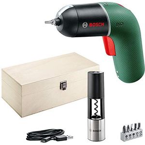 Bosch Home and Garden Accuschroevendraaier IXO Vino Set (6e generatie, groen, IXO kurkentrekkeropzetstuk, oplaadbaar via micro-USB-kabel, variabele toerentalregeling, hoogwaardige houten kist)