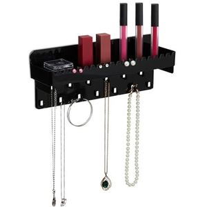 Relaxdays sieradenhouder muur, voor kettingen, oorbellen & armbanden, sieradenrek met plankje, HBD 12x30x8 cm, zwart