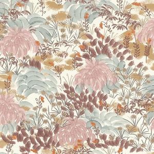 Rasch Behang 868302 - vliesbehang met tuin in aquarel look in roze, bruin, lichtblauw en wit uit de collectie Symphony - 10,05 m x 0,53 m (L x B)