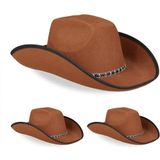 Relaxdays cowboyhoed, set van 3, verkleedhoed, mannen en vrouwen, western hoed, volwassenen, carnaval, bruin