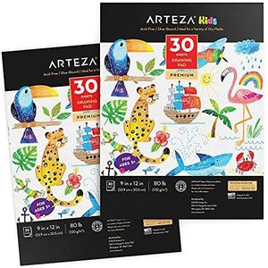 Arteza Tekenblok voor kinderen, 22,9 x 30,5 cm, 30 grote vellen elk, schetsboek om te tekenen met kleurpotloden, kleurpotloden en markers