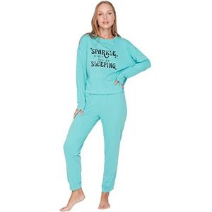 Trendyol Dames vrouw met slogan geweven pyjamaset, mint, XS (Pack van 2), Munt, XS