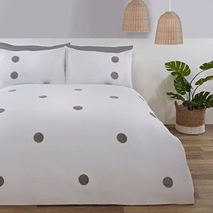 Sleepdown Geborduurde Getufte Polka Dot Cirkels Wit Zilver Luxe Zachte Gezellige Gemakkelijk te onderhouden Dekbedovertrek Quilt Beddengoed Set met Kussenslopen - King (230cm x 220cm)