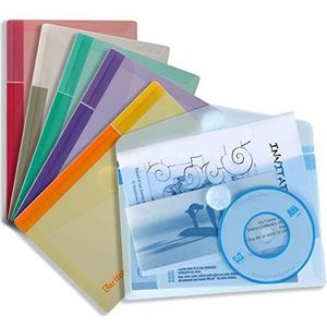 Djois made by TARIFOLD 510289, 6 enveloppen, kunststof, ongeperforeerd, klittenbandsluiting, formaat A6-6 kleuren (blauw, paars, groen, geel, roze, transparant)