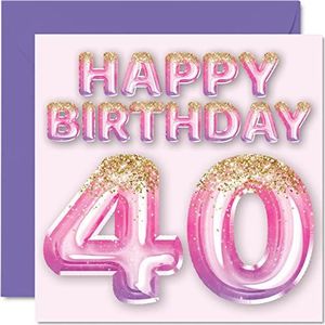 40e verjaardagskaart voor vrouwen - roze en paarse glitterballonnen - gelukkige verjaardagskaarten voor 40-jarige vrouw mama neef vriend zus tante, 145 mm x 145 mm veertigste verjaardag wenskaarten